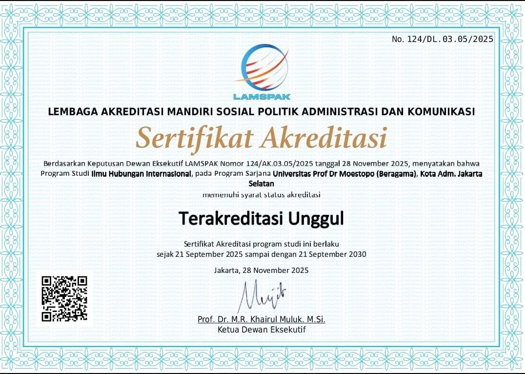 SELAMAT & SUKSES ATAS DIRAIHNYA AKREDITASI UNGGUL PRODI HUBUNGAN INTERNASIONAL FISIP UNIVERITAS PROF. DR. MOESTOPO (BERAGAMA)